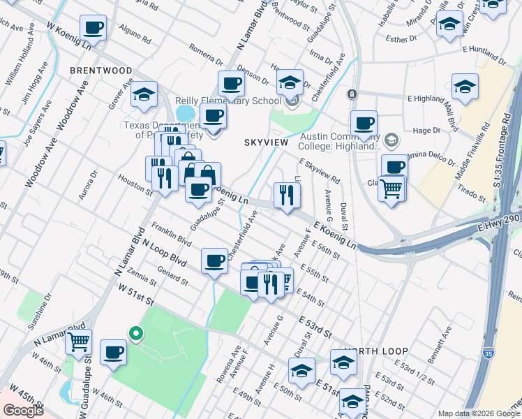 map of restaurants, bars, coffee shops, grocery stores, and more near 211 West Koenig Lane in Austin