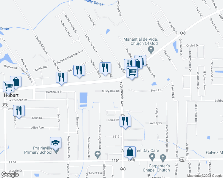 map of restaurants, bars, coffee shops, grocery stores, and more near 40494 Misty Oak Court in Prairieville