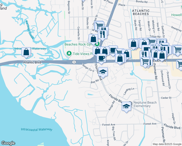 map of restaurants, bars, coffee shops, grocery stores, and more near 2156 Oleander Place in Neptune Beach