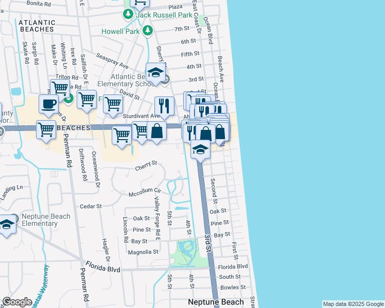 map of restaurants, bars, coffee shops, grocery stores, and more near 252 3rd Street in Neptune Beach