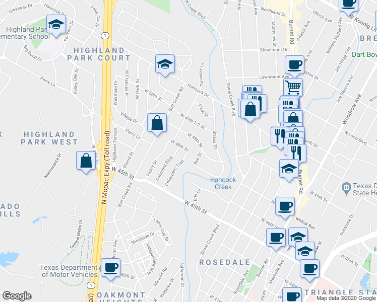 map of restaurants, bars, coffee shops, grocery stores, and more near Chiappero Trail & W 48th St in Austin