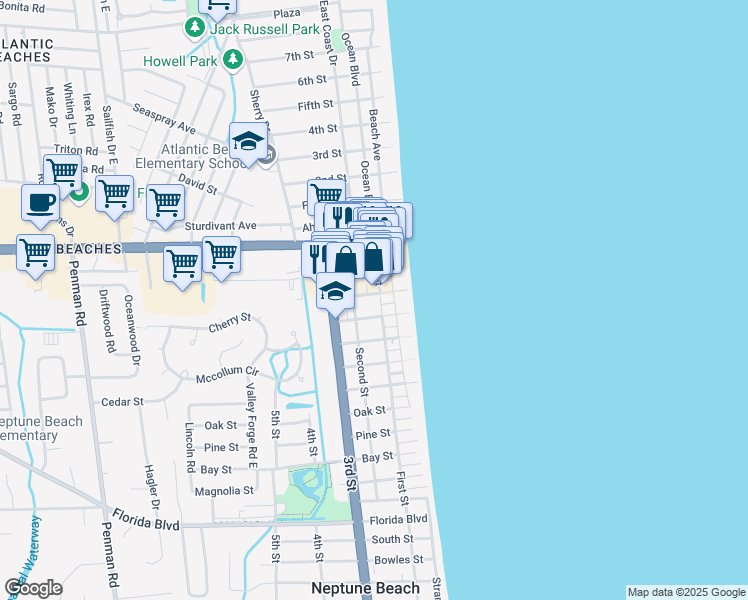 map of restaurants, bars, coffee shops, grocery stores, and more near 308 First Street in Neptune Beach