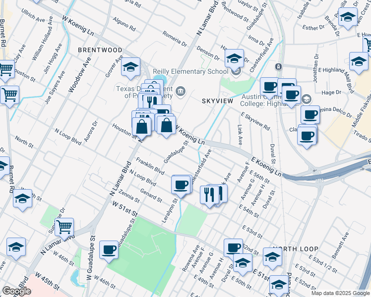 map of restaurants, bars, coffee shops, grocery stores, and more near 405 West 55th 1/2 Street in Austin