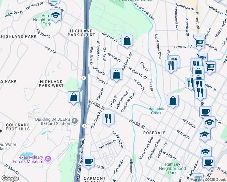 map of restaurants, bars, coffee shops, grocery stores, and more near 4607 Bull Creek Road in Austin