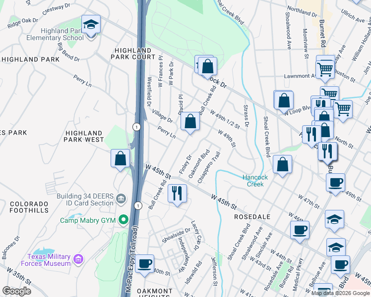 map of restaurants, bars, coffee shops, grocery stores, and more near 4607 Bull Creek Road in Austin