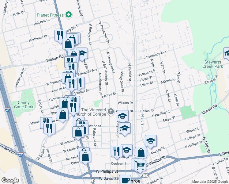 map of restaurants, bars, coffee shops, grocery stores, and more near 1503 North Thompson Street in Conroe