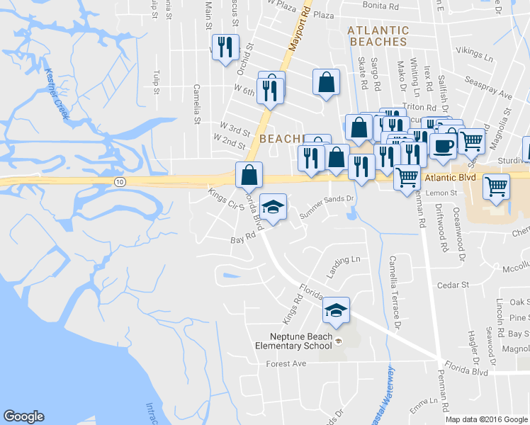 map of restaurants, bars, coffee shops, grocery stores, and more near 2130 Florida Boulevard in Neptune Beach