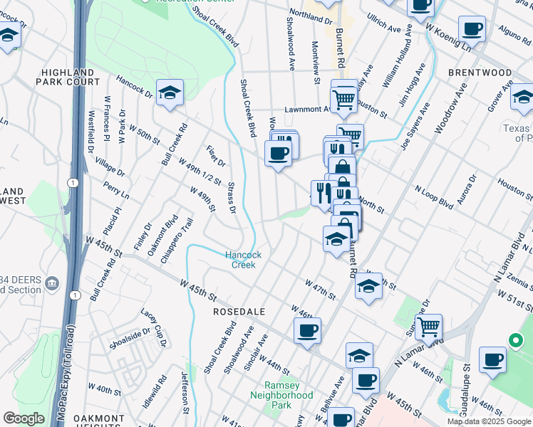map of restaurants, bars, coffee shops, grocery stores, and more near 4903 Shoal Creek Boulevard in Austin