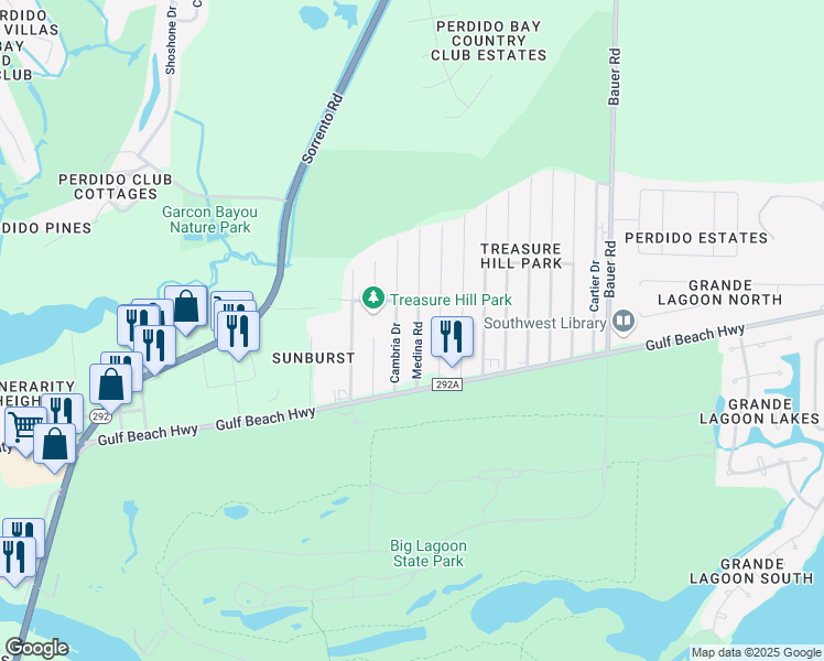 map of restaurants, bars, coffee shops, grocery stores, and more near 5487 Medina Road in Pensacola