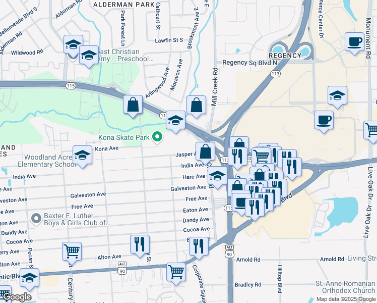 map of restaurants, bars, coffee shops, grocery stores, and more near 9035 Jasper Avenue in Jacksonville