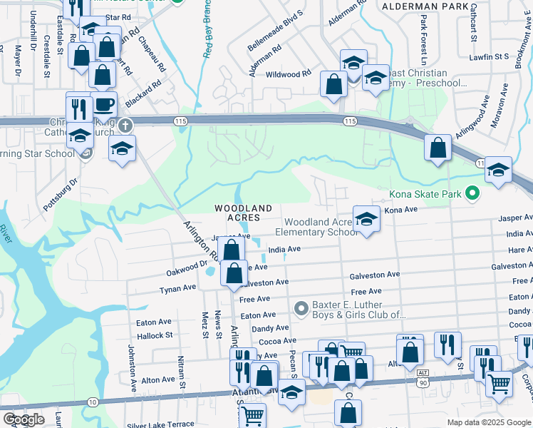 map of restaurants, bars, coffee shops, grocery stores, and more near 7693 Kona Avenue in Jacksonville