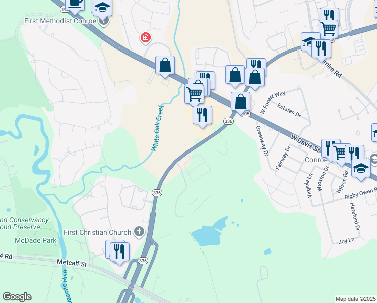 map of restaurants, bars, coffee shops, grocery stores, and more near 2951 North Loop 336 West in Conroe