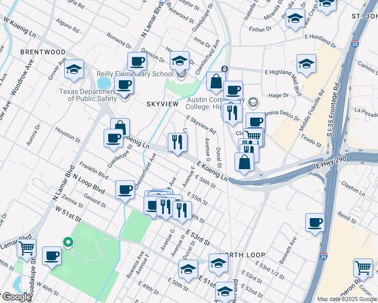 map of restaurants, bars, coffee shops, grocery stores, and more near 5703 Link Avenue in Austin
