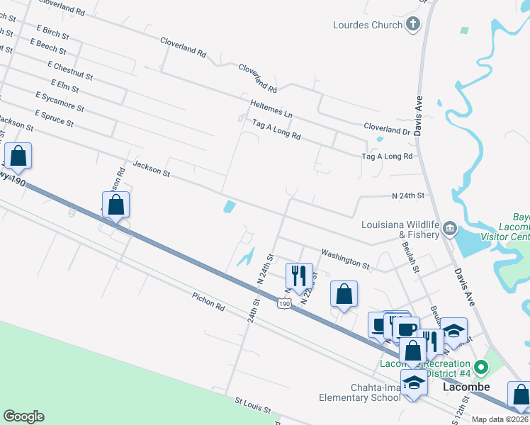 map of restaurants, bars, coffee shops, grocery stores, and more near 27094 Jackson Street in Lacombe