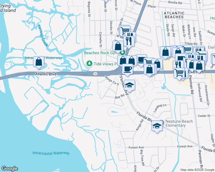 map of restaurants, bars, coffee shops, grocery stores, and more near 2124 Marsh Point Road in Neptune Beach