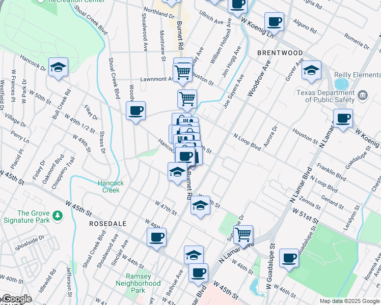 map of restaurants, bars, coffee shops, grocery stores, and more near 5101 Burnet Rd in Austin