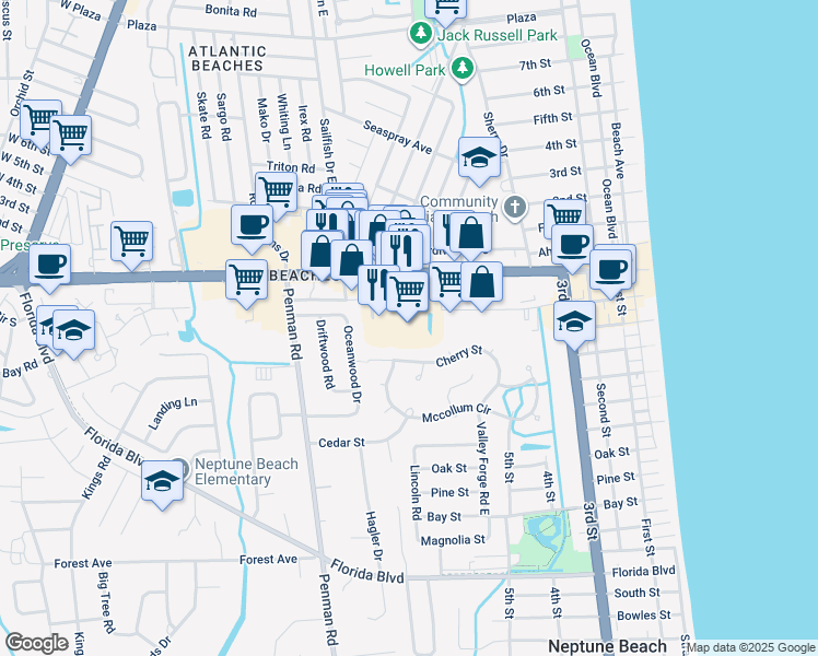 map of restaurants, bars, coffee shops, grocery stores, and more near 630 Atlantic Boulevard in Neptune Beach