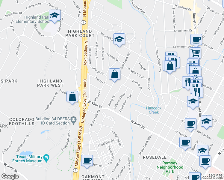map of restaurants, bars, coffee shops, grocery stores, and more near 4615 Bull Creek Road in Austin