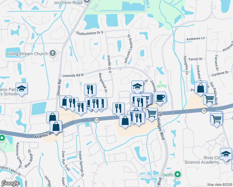 map of restaurants, bars, coffee shops, grocery stores, and more near 100 Prindle Drive East in Jacksonville