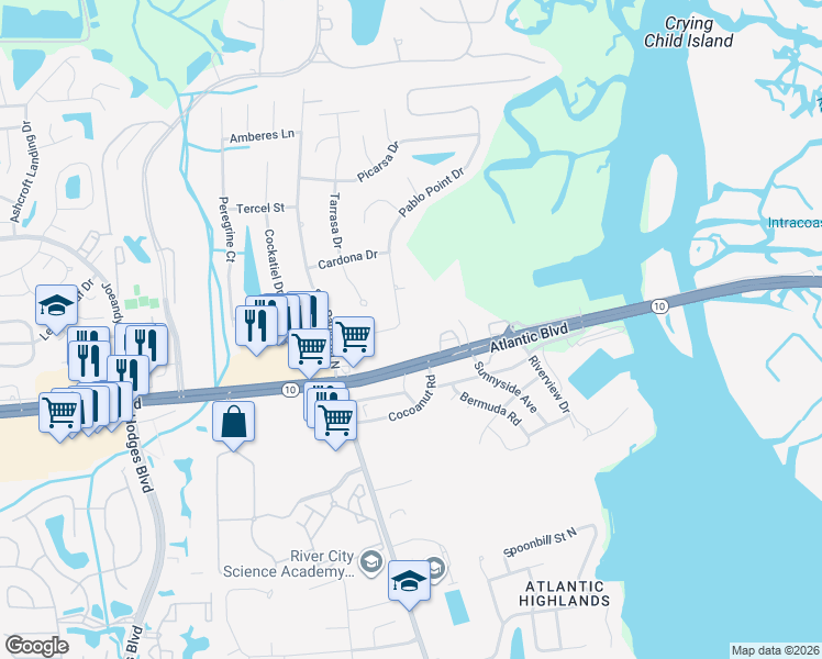 map of restaurants, bars, coffee shops, grocery stores, and more near 13657 Atlantic Boulevard in Jacksonville