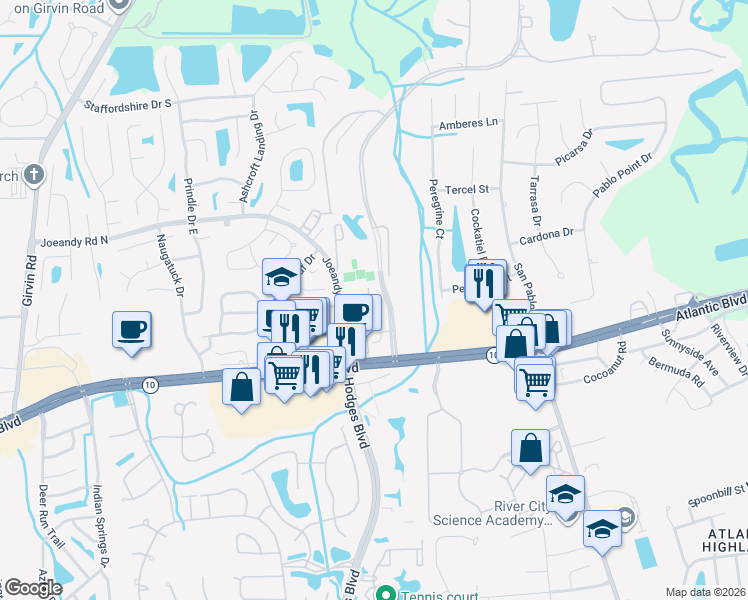 map of restaurants, bars, coffee shops, grocery stores, and more near 105 Rimini Court in Jacksonville