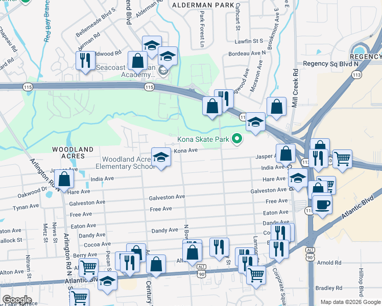 map of restaurants, bars, coffee shops, grocery stores, and more near 8455 Jasper Avenue in Jacksonville