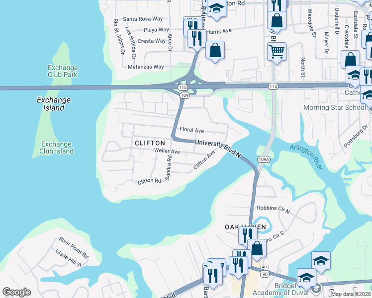 map of restaurants, bars, coffee shops, grocery stores, and more near 5649 Weller Avenue in Jacksonville