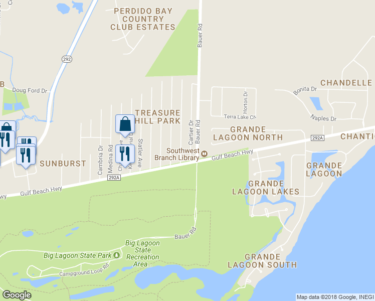 map of restaurants, bars, coffee shops, grocery stores, and more near 5319 Cartier Drive in Pensacola
