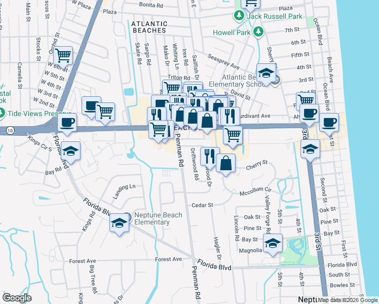 map of restaurants, bars, coffee shops, grocery stores, and more near 216 Driftwood Road in Neptune Beach