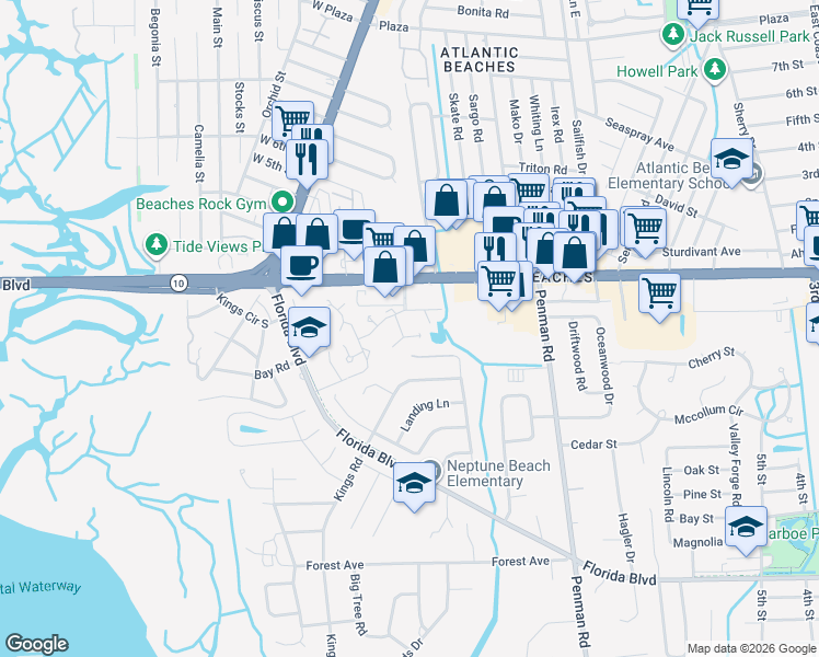 map of restaurants, bars, coffee shops, grocery stores, and more near 1446 Spindrift Circle West in Neptune Beach