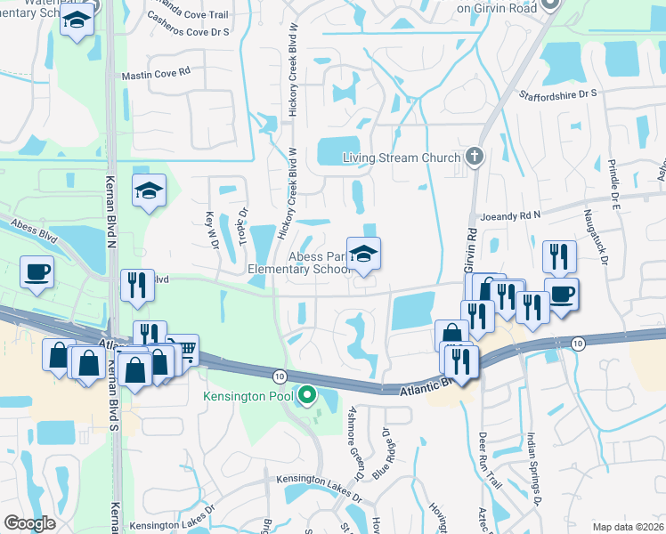 map of restaurants, bars, coffee shops, grocery stores, and more near 12596 Shallow Brook Court in Jacksonville