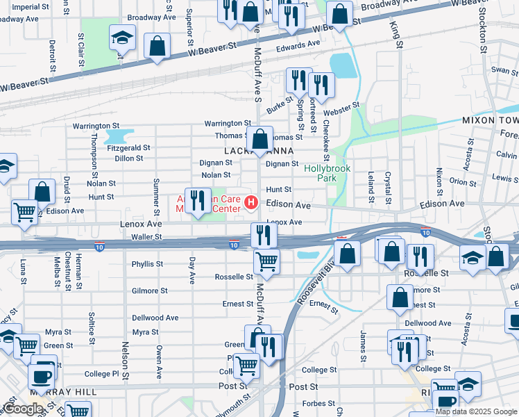 map of restaurants, bars, coffee shops, grocery stores, and more near S McDuff Ave & Edison Ave in Jacksonville
