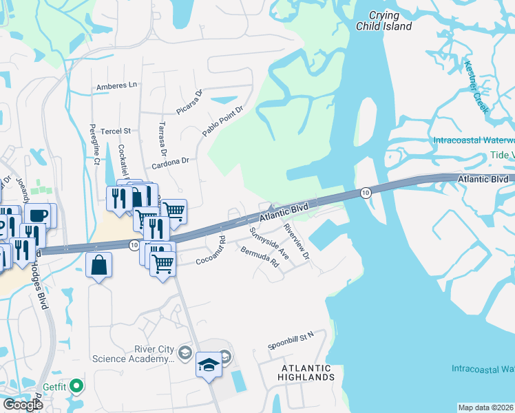 map of restaurants, bars, coffee shops, grocery stores, and more near 13751 Atlantic Boulevard in Jacksonville