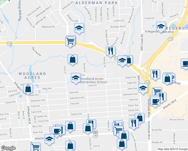 map of restaurants, bars, coffee shops, grocery stores, and more near 8472 Kona Avenue in Jacksonville