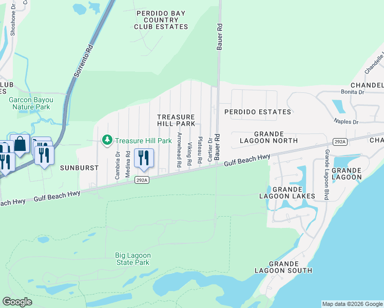map of restaurants, bars, coffee shops, grocery stores, and more near 5420 Arrowhead Road in Pensacola