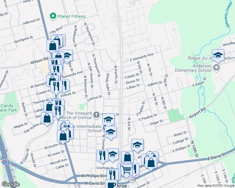 map of restaurants, bars, coffee shops, grocery stores, and more near 1125 North 1st Street in Conroe