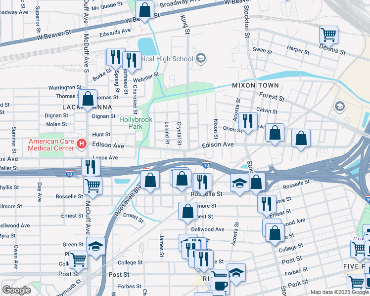 map of restaurants, bars, coffee shops, grocery stores, and more near 2711 Edison Avenue in Jacksonville