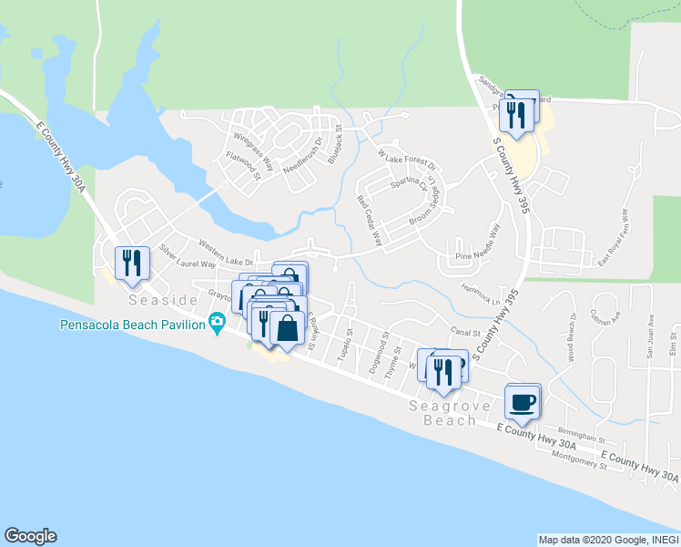 map of restaurants, bars, coffee shops, grocery stores, and more near 36 Lyonia Lane in Santa Rosa Beach