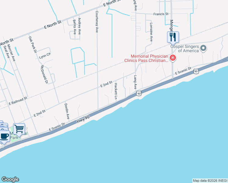 map of restaurants, bars, coffee shops, grocery stores, and more near 101 Hackett Lane in Pass Christian