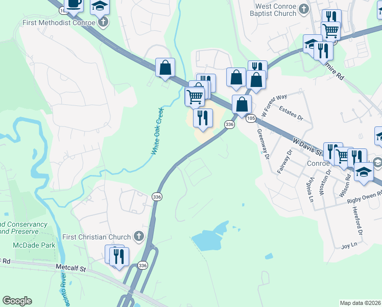 map of restaurants, bars, coffee shops, grocery stores, and more near 2853 North Loop 336 West in Conroe