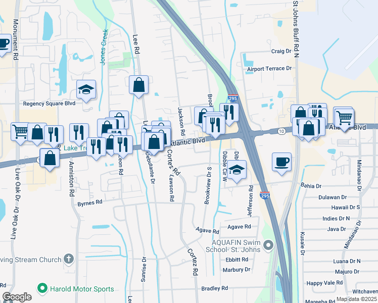map of restaurants, bars, coffee shops, grocery stores, and more near 10342 Atlantic Circle in Jacksonville