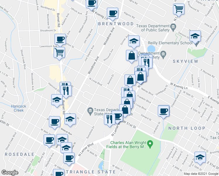 map of restaurants, bars, coffee shops, grocery stores, and more near 1004 West North Loop Boulevard in Austin