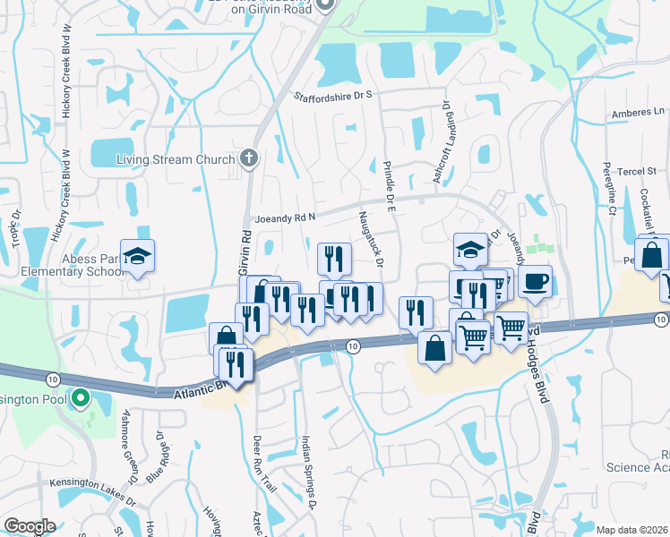 map of restaurants, bars, coffee shops, grocery stores, and more near 12958 Medford Lane in Jacksonville