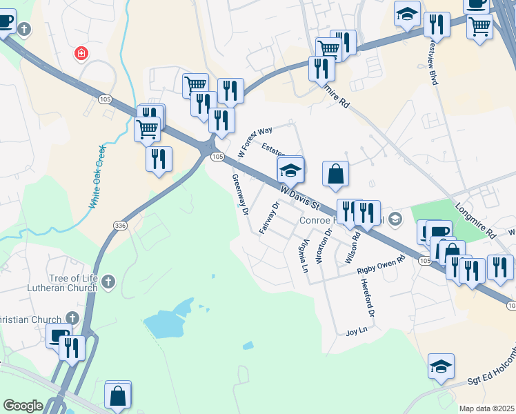 map of restaurants, bars, coffee shops, grocery stores, and more near 106 Longacre Drive in Conroe