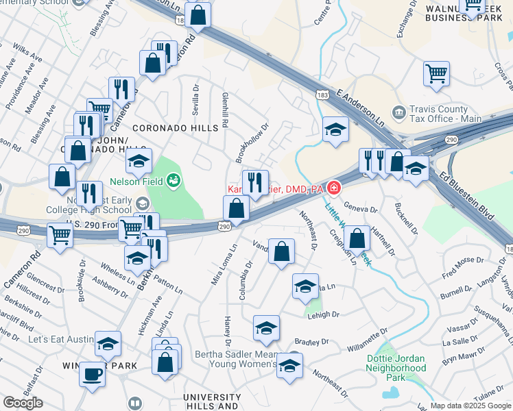 map of restaurants, bars, coffee shops, grocery stores, and more near 7100 East Highway 290 in Austin