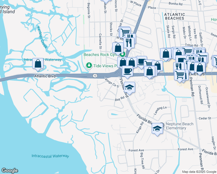 map of restaurants, bars, coffee shops, grocery stores, and more near 2124 Marsh Point Road in Neptune Beach