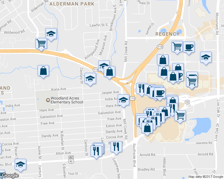 map of restaurants, bars, coffee shops, grocery stores, and more near 9035 Jasper Avenue in Jacksonville