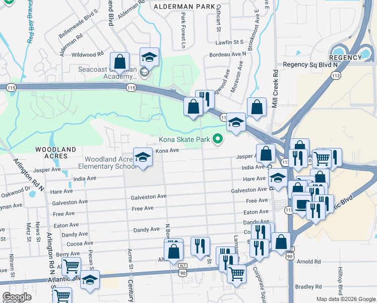 map of restaurants, bars, coffee shops, grocery stores, and more near 8597 Jasper Avenue in Jacksonville