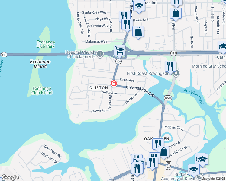 map of restaurants, bars, coffee shops, grocery stores, and more near 5540 Weller Avenue in Jacksonville