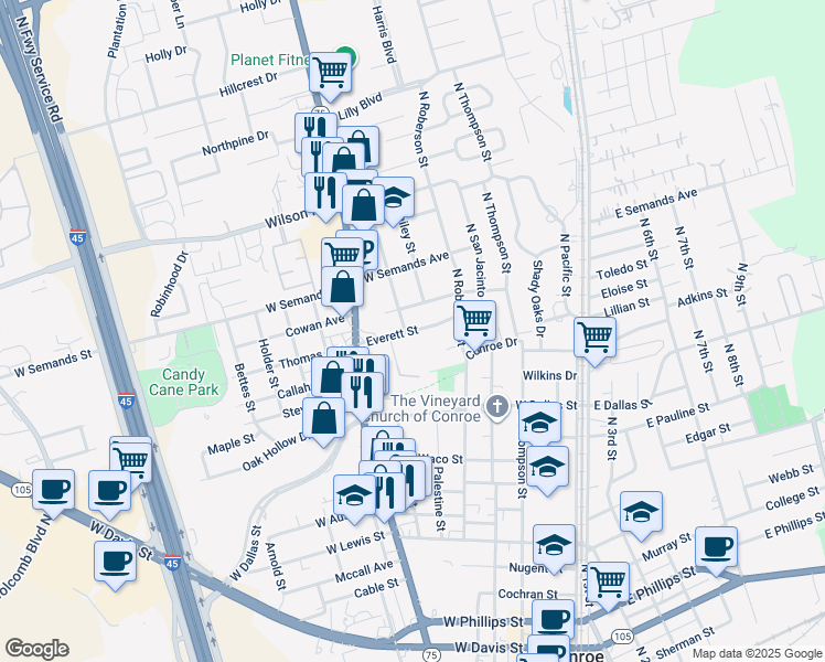map of restaurants, bars, coffee shops, grocery stores, and more near 1308 Houston Street in Conroe